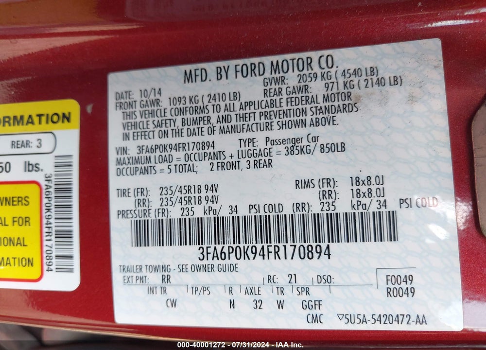2015 FORD FUSION TITANIUM VIN: 3FA6P0K94FR170894