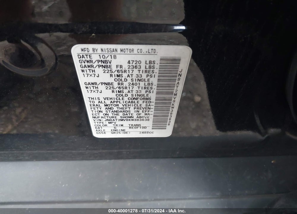 2019 NISSAN ROGUE SV VIN: JN8AT2MV8KW383638