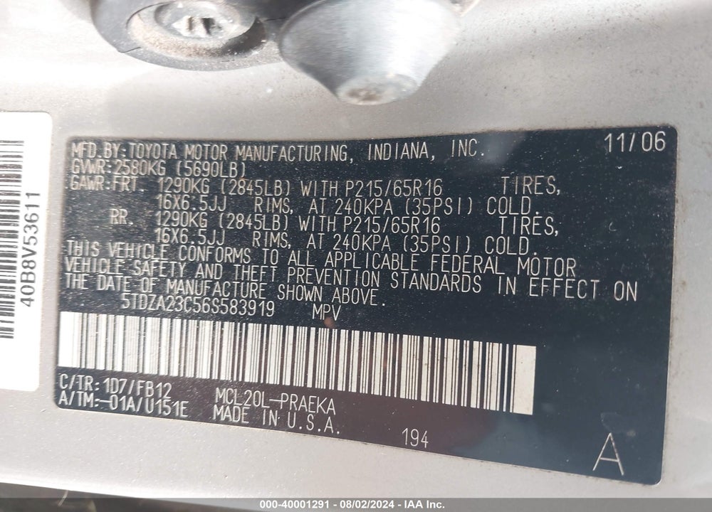 2006 TOYOTA SIENNA CE VIN: 5TDZA23C56S583919