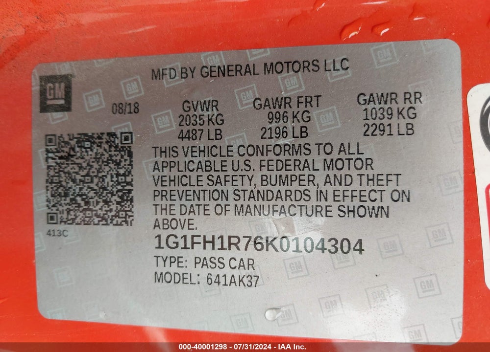 2019 CHEVROLET CAMARO 2SS VIN: 1G1FH1R76K0104304