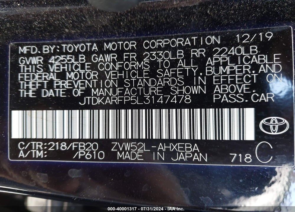 2020 TOYOTA PRIUS PRIME LE VIN: JTDKARFP5L3147478