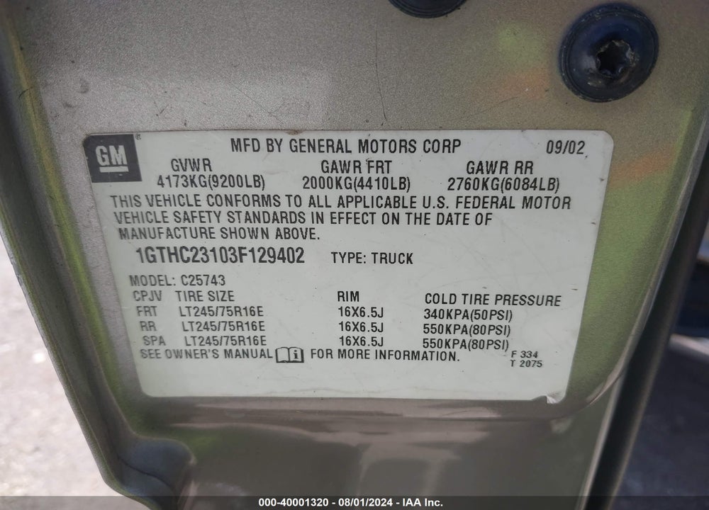 2003 GMC SIERRA 2500HD SLE VIN: 1GTHC23103F129402