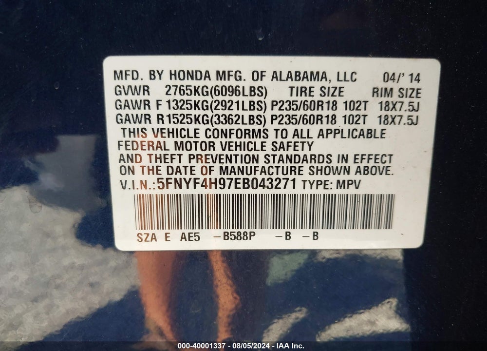 2014 HONDA PILOT TOURING VIN: 5FNYF4H97EB043271