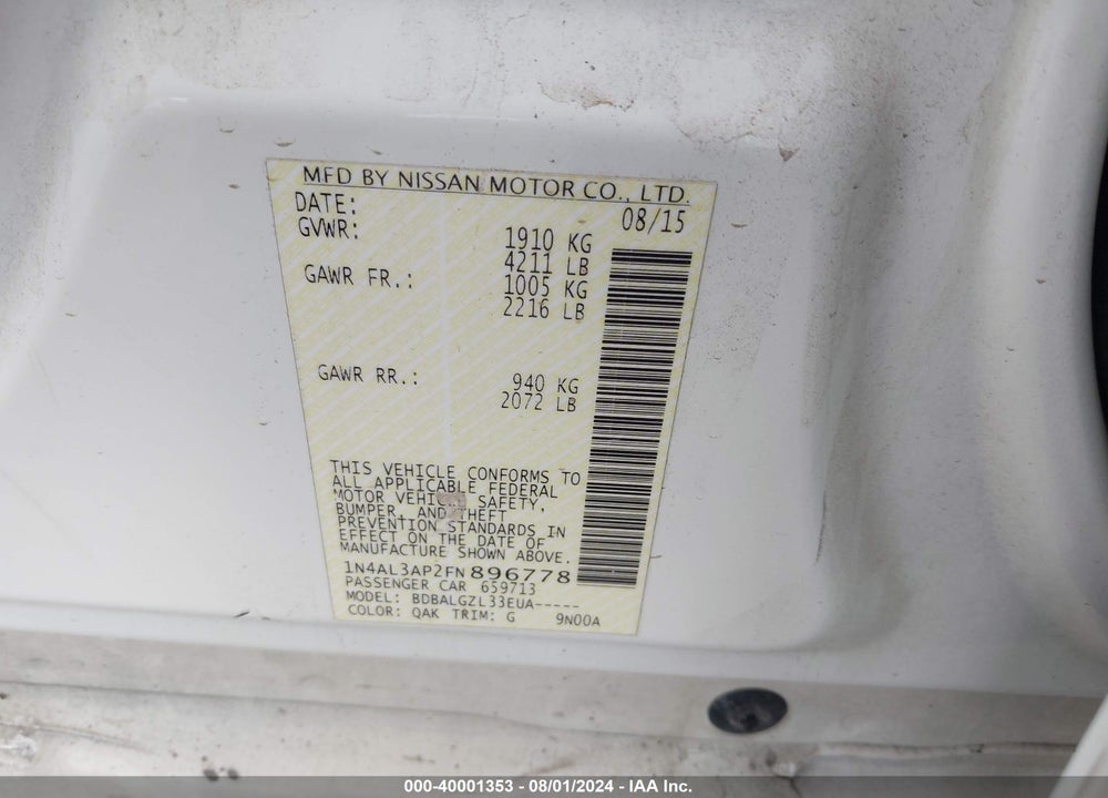 2015 NISSAN ALTIMA 2.5/2.5 S/2.5 SL/2.5 SV VIN: 1N4AL3AP2FN896778