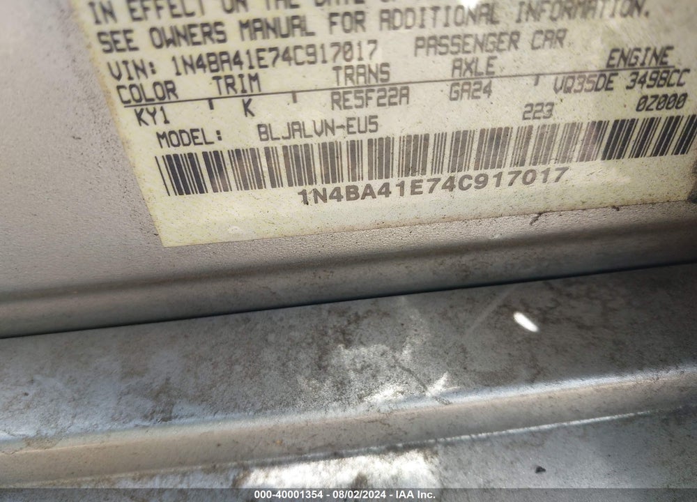 2004 NISSAN MAXIMA 3.5 SE VIN: 1N4BA41E74C917017