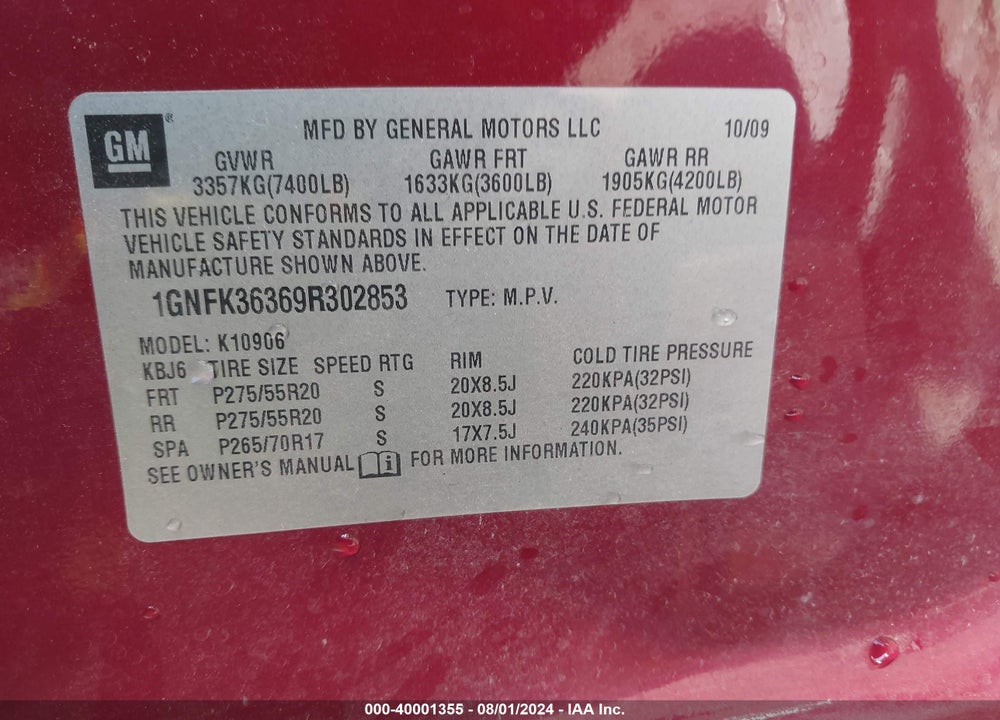 2009 CHEVROLET SUBURBAN 1500 LTZ VIN: 1GNFK36369R302853