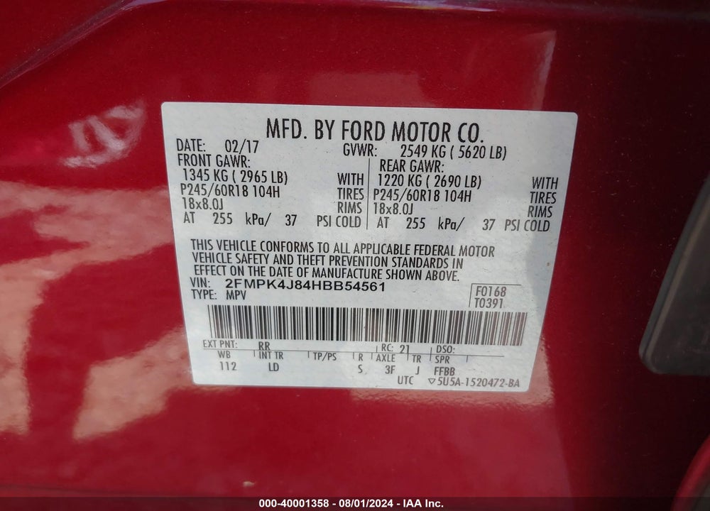 2017 FORD EDGE SEL VIN: 2FMPK4J84HBB54561