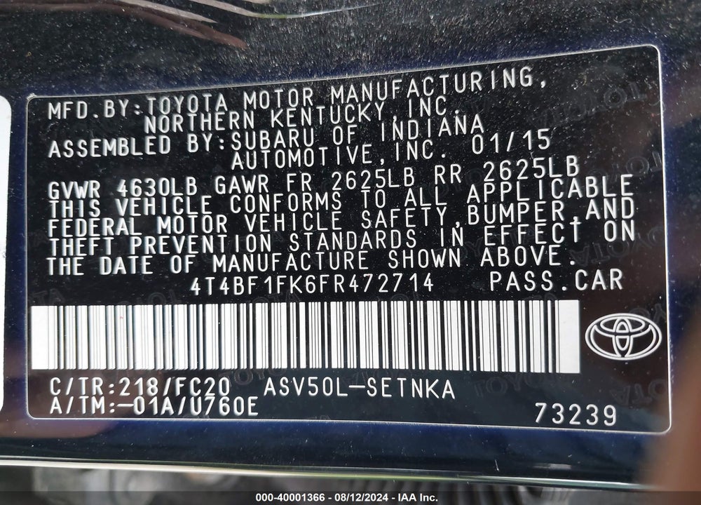 2015 TOYOTA CAMRY LE VIN: 4T4BF1FK6FR472714