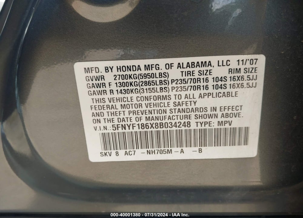 2008 HONDA PILOT EX-L VIN: 5FNYF186X8B034248