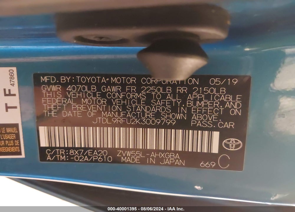 2019 TOYOTA PRIUS XLE VIN: JTDL9RFU2K3009799