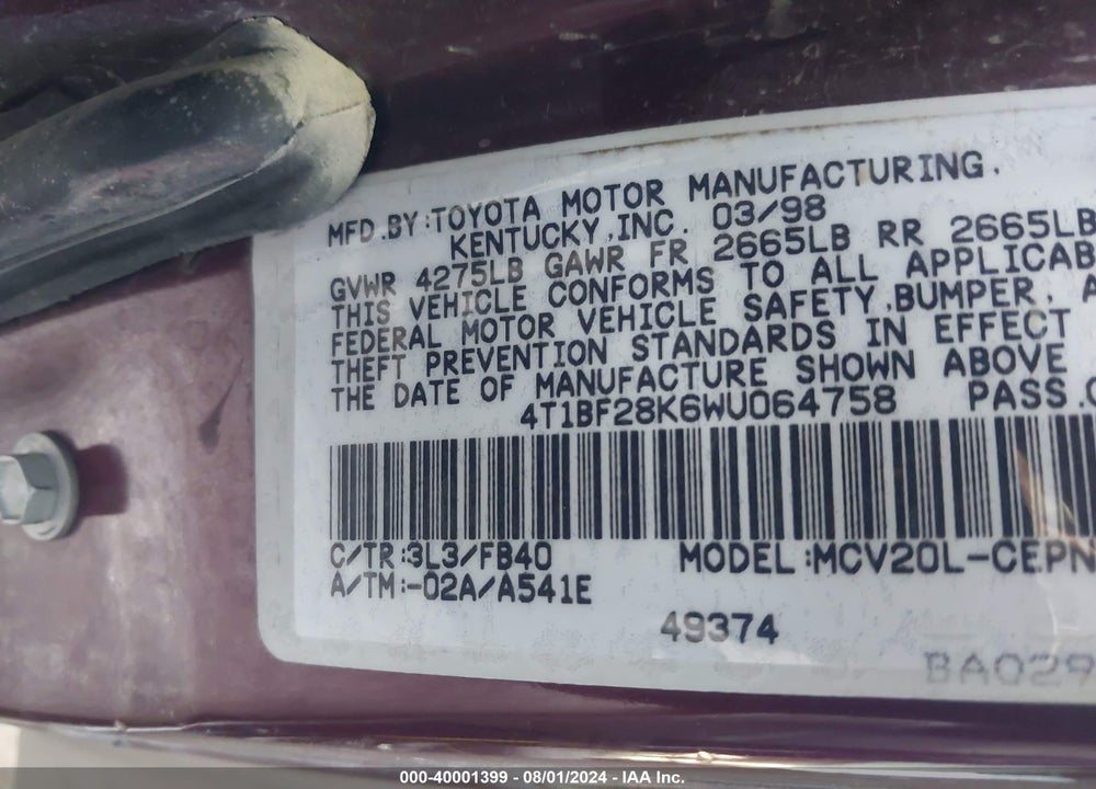1998 TOYOTA CAMRY LE V6 VIN: 4T1BF28K6WU064758