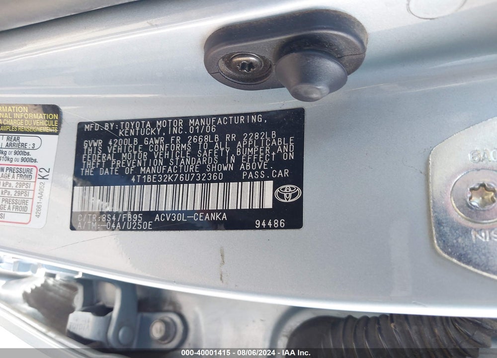 2006 TOYOTA CAMRY LE VIN: 4T1BE32K76U732360