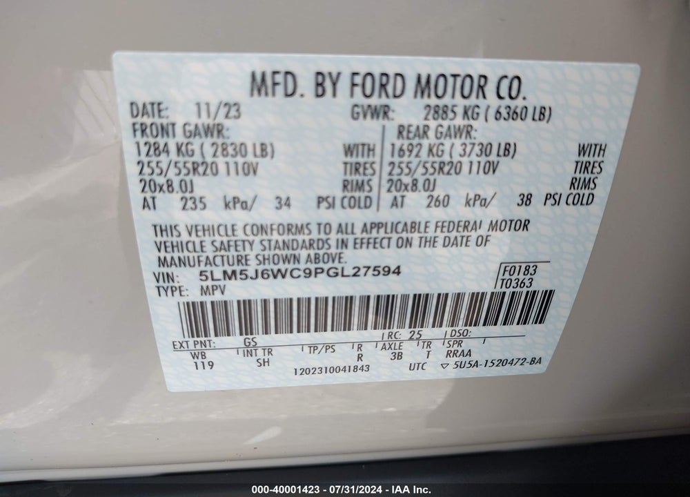 2023 LINCOLN AVIATOR STANDARD VIN: 5LM5J6WC9PGL27594