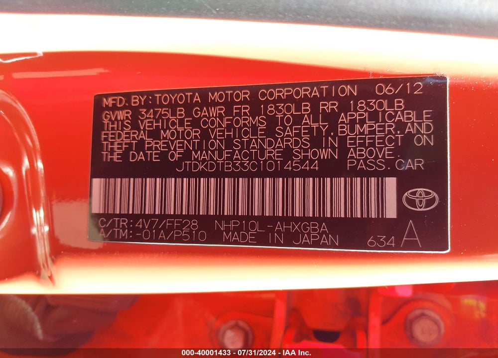2012 TOYOTA PRIUS C THREE VIN: JTDKDTB33C1014544