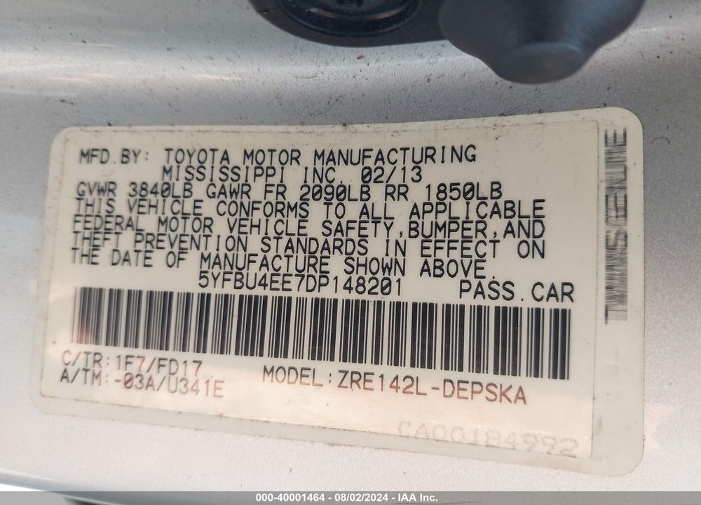 2013 TOYOTA COROLLA S VIN: 5YFBU4EE7DP148201