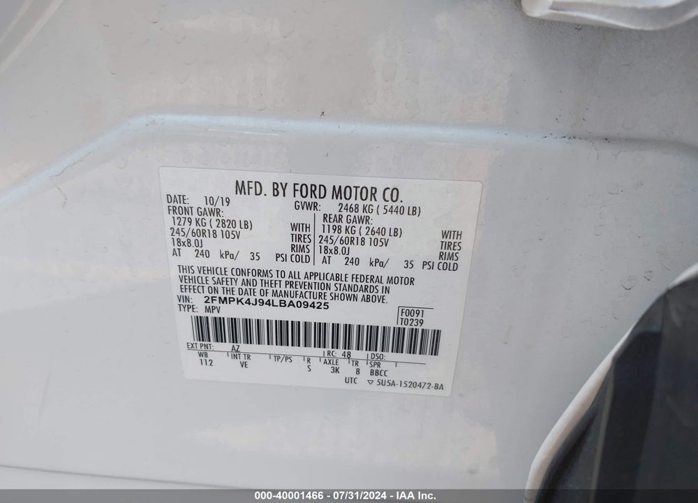 2020 FORD EDGE SEL VIN: 2FMPK4J94LBA09425