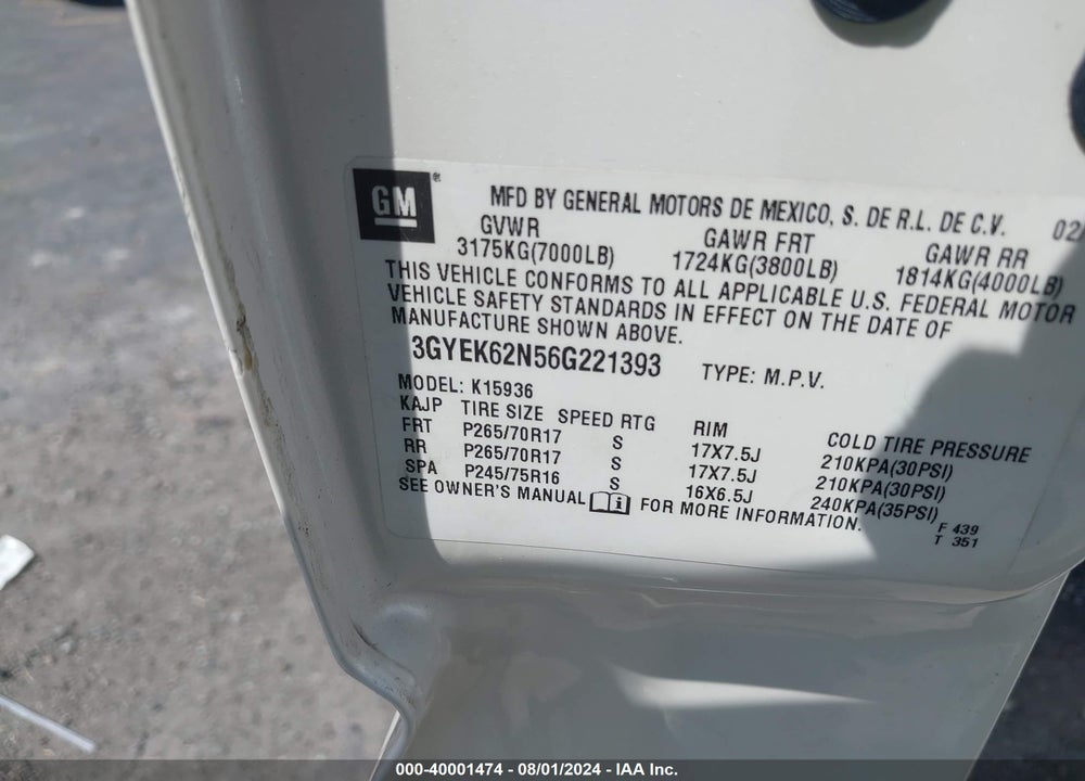2006 CADILLAC ESCALADE EXT STANDARD VIN: 3GYEK62N56G221393