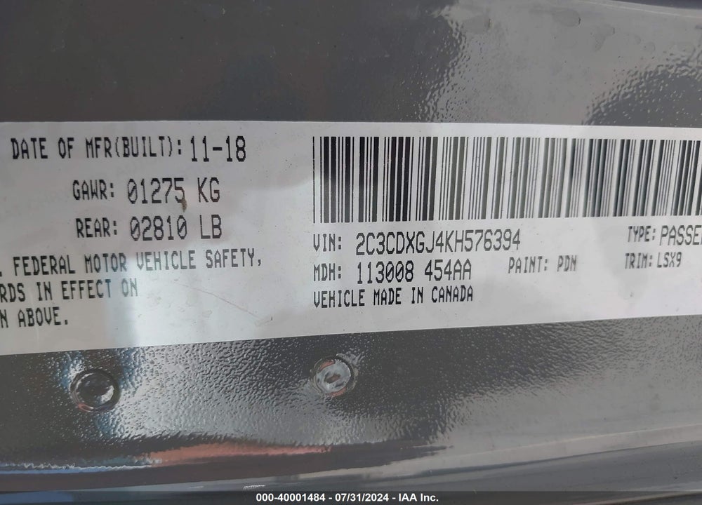 2019 DODGE CHARGER SCAT PACK RWD VIN: 2C3CDXGJ4KH576394