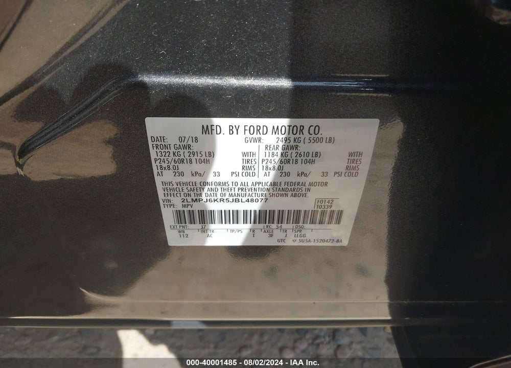 2018 LINCOLN MKX SELECT VIN: 2LMPJ6KR5JBL48077