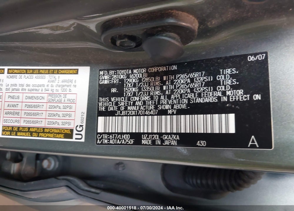 2007 LEXUS GX 470 VIN: JTJBT20X170146407