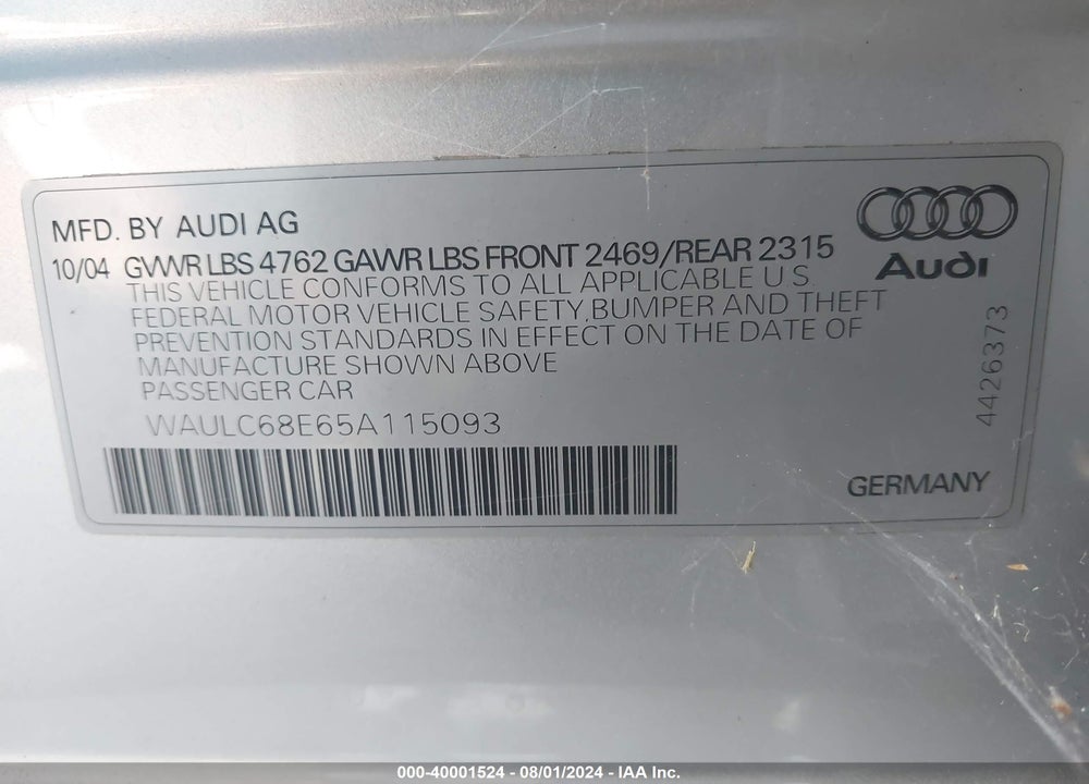 2005 AUDI A4 1.8T SPECIAL EDITION VIN: WAULC68E65A115093