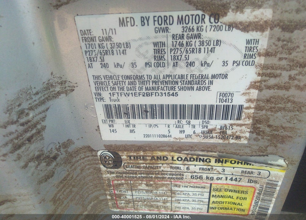 2011 FORD F-150 XLT VIN: 1FTFW1EF2BFD31545