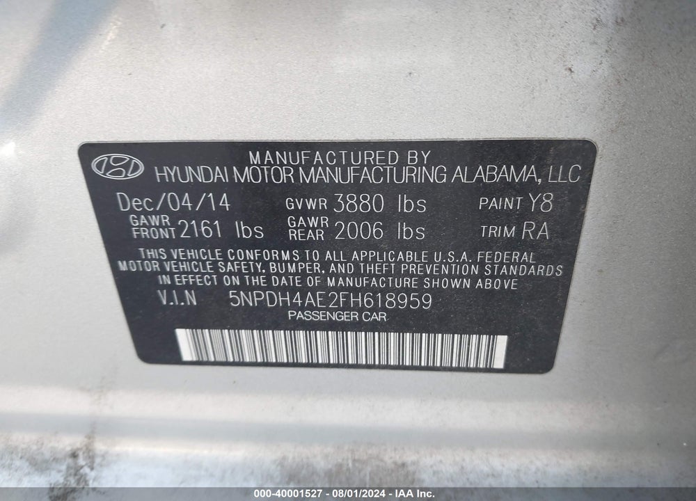 2015 HYUNDAI ELANTRA SE VIN: 5NPDH4AE2FH618959