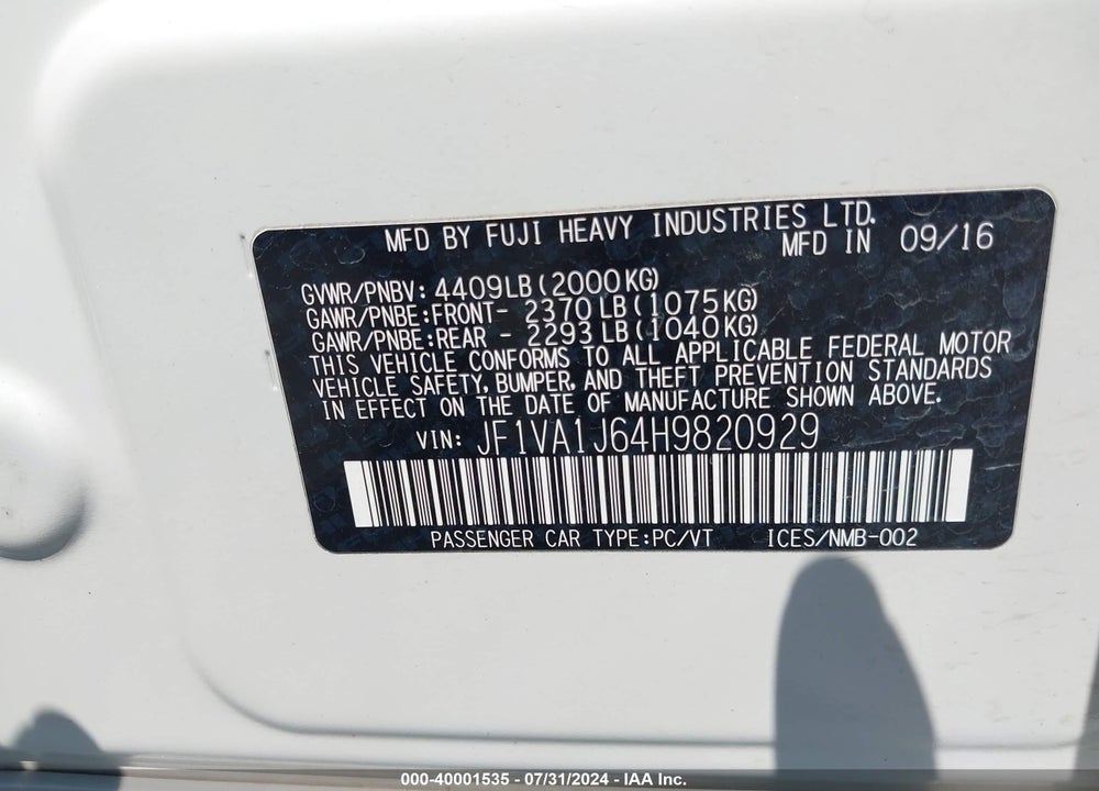 2017 SUBARU WRX LIMITED VIN: JF1VA1J64H9820929
