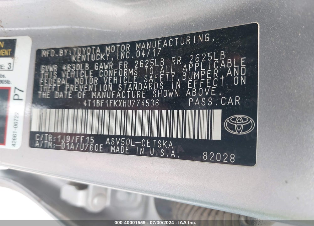 2017 TOYOTA CAMRY SE VIN: 4T1BF1FKXHU774536