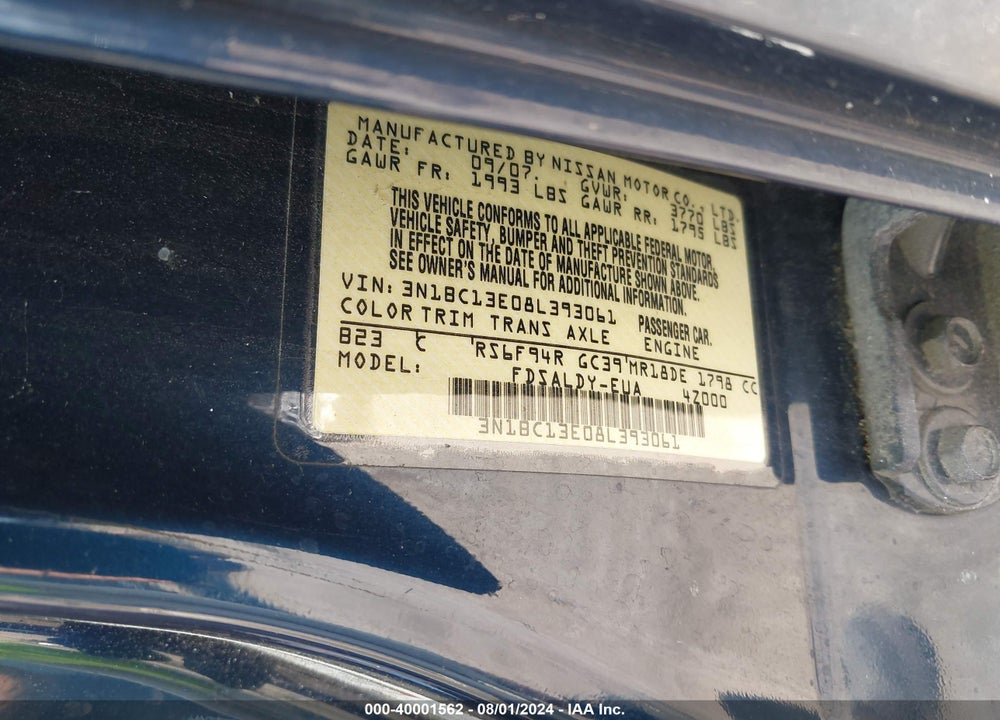 2008 NISSAN VERSA 1.8S VIN: 3N1BC13E08L393061