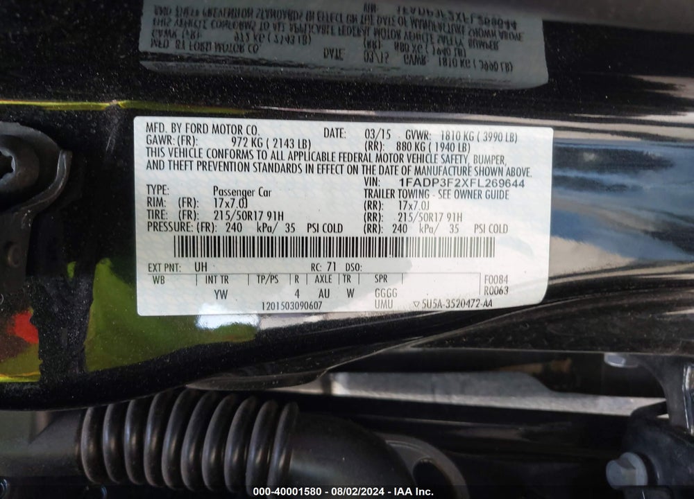 2015 FORD FOCUS SE VIN: 1FADP3F2XFL269644