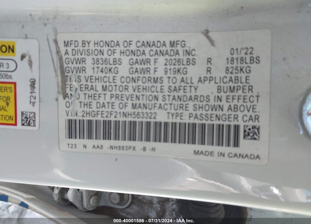 2022 HONDA CIVIC LX VIN: 2HGFE2F21NH563322