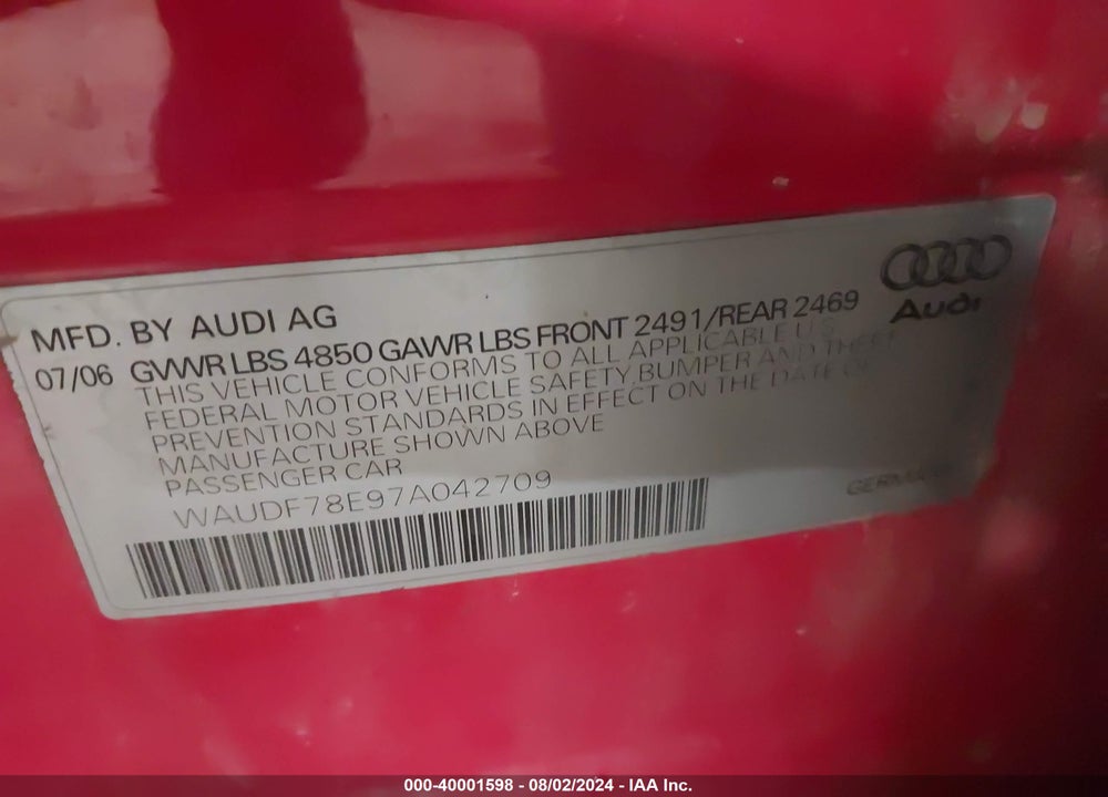 2007 AUDI A4 2.0T VIN: WAUDF78E97A042709