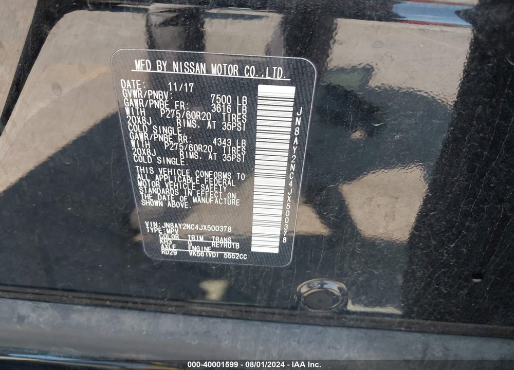 2018 NISSAN ARMADA SL VIN: JN8AY2NC4JX500378