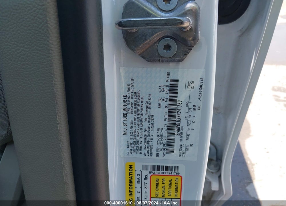 2019 FORD FUSION HYBRID SE VIN: 3FA6P0LUXKR241769