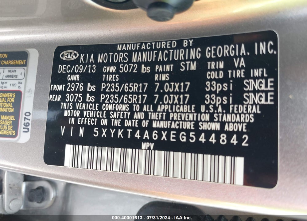 2014 KIA SORENTO LX VIN: 5XYKT4A6XEG544842