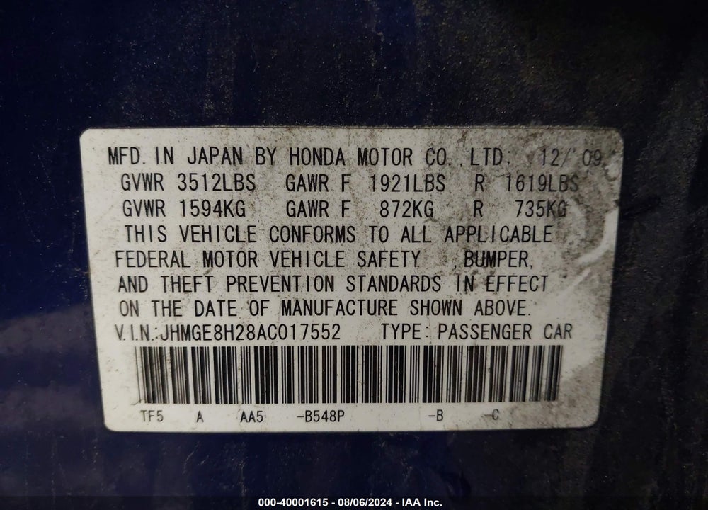 2010 HONDA FIT VIN: JHMGE8H28AC017552