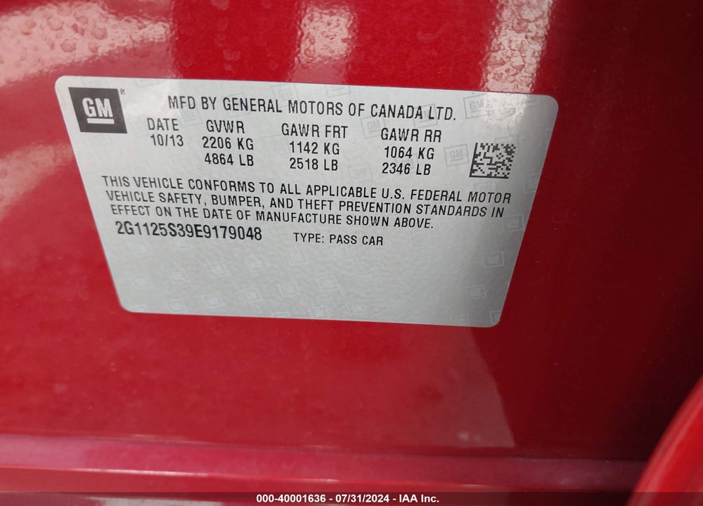 2014 CHEVROLET IMPALA 2LT VIN: 2G1125S39E9179048