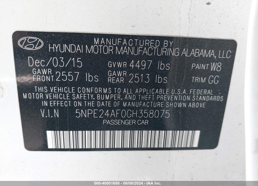 2016 HYUNDAI SONATA SE VIN: 5NPE24AF0GH358075