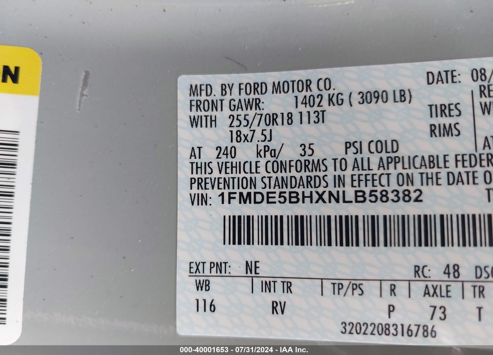 2022 FORD BRONCO OUTER BANKS VIN: 1FMDE5BHXNLB58382