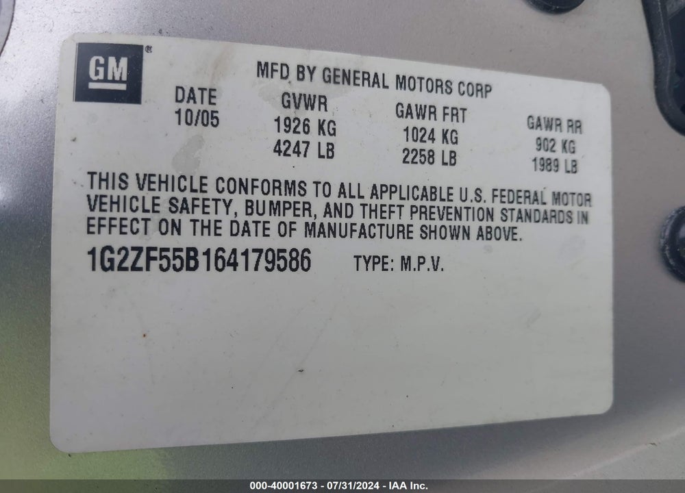 2006 PONTIAC G6 VIN: 1G2ZF55B164179586