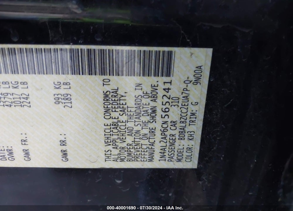 2012 NISSAN ALTIMA 2.5/2.5 S VIN: 1N4AL2AP6CN565241