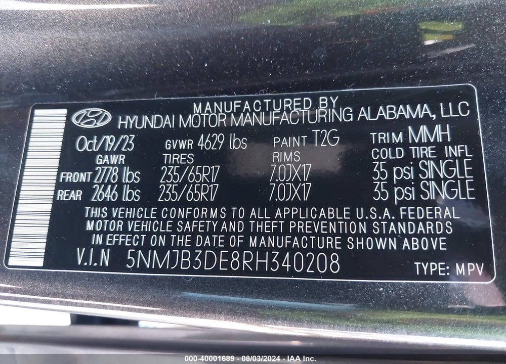 2024 HYUNDAI TUCSON SEL VIN: 5NMJB3DE8RH340208