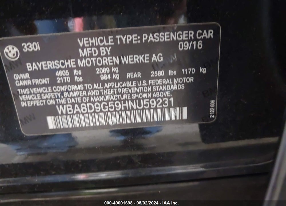 2017 BMW 330I XDRIVE VIN: WBA8D9G59HNU59231