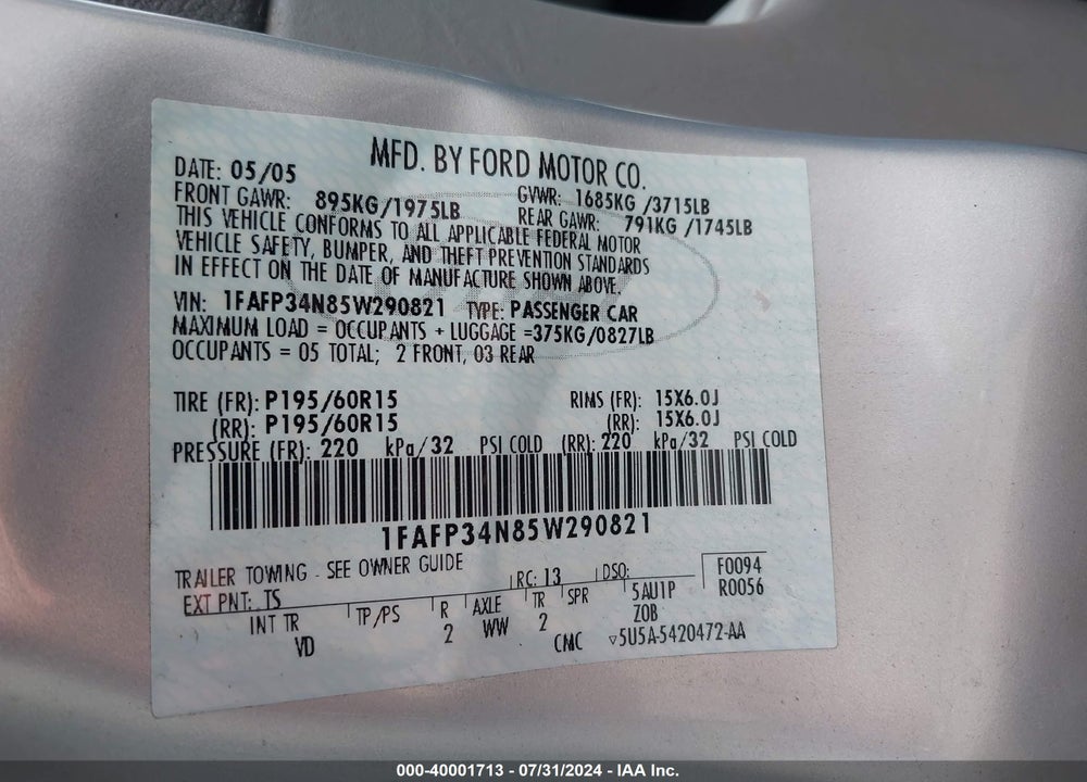 2005 FORD FOCUS ZX4 VIN: 1FAFP34N85W290821