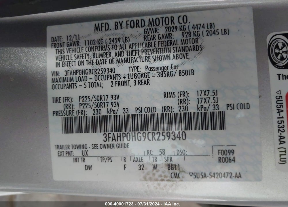 2012 FORD FUSION SE VIN: 3FAHP0HG9CR259340