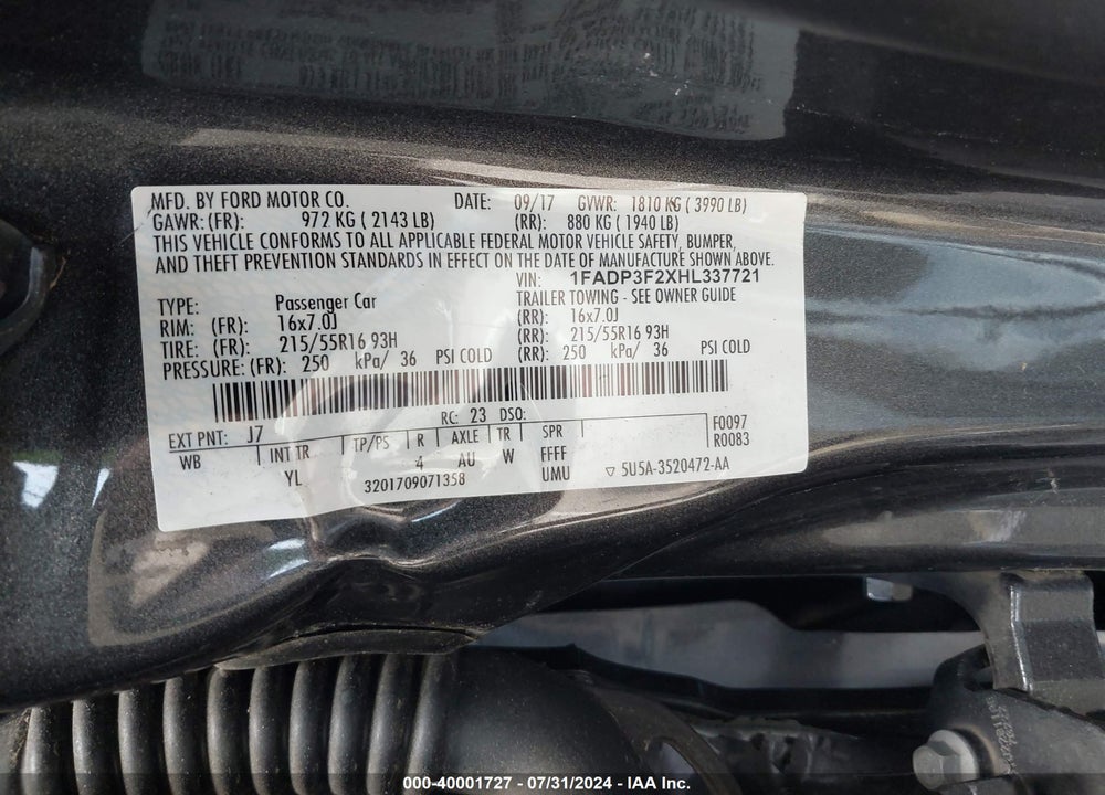 2017 FORD FOCUS SE VIN: 1FADP3F2XHL337721