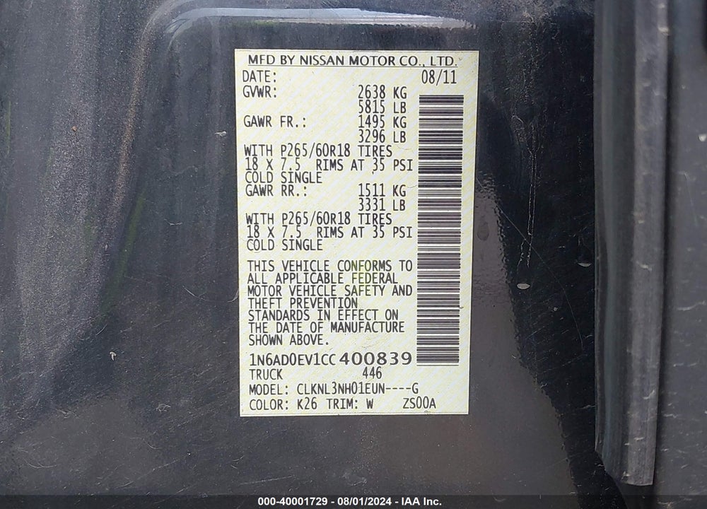 2012 NISSAN FRONTIER SL VIN: 1N6AD0EV1CC400839