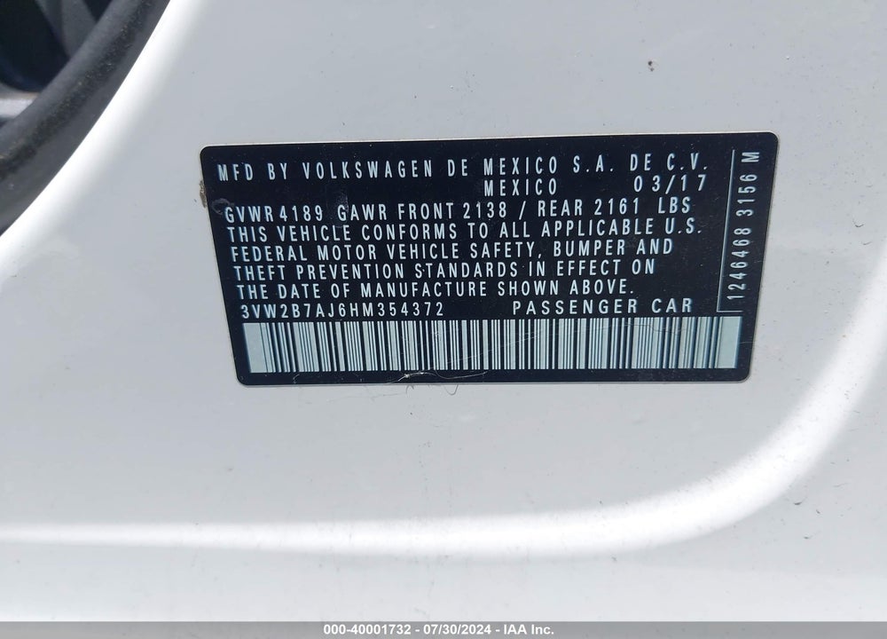 2017 VOLKSWAGEN JETTA 1.4T S VIN: 3VW2B7AJ6HM354372