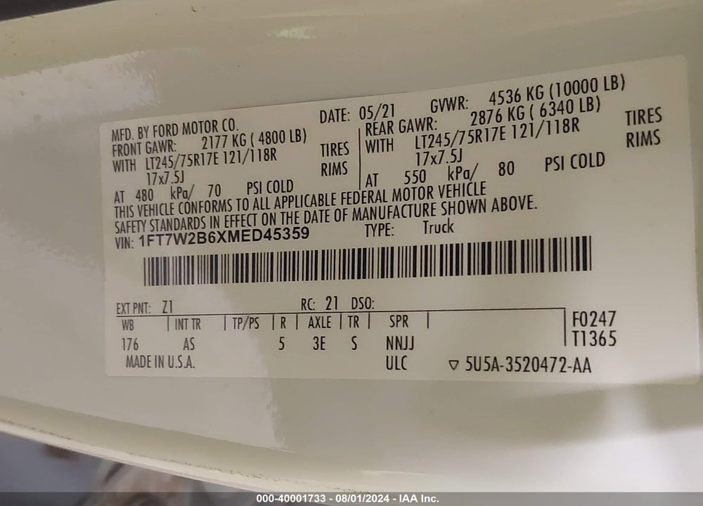 2021 FORD F-250 XL VIN: 1FT7W2B6XMED45359